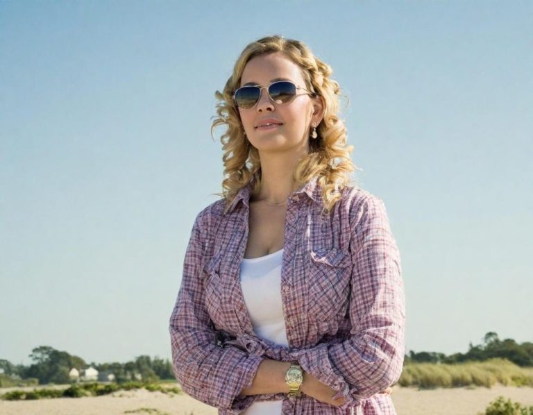 Femme souriante avec des lunettes de soleil, debout sur une plage ensoleillée.